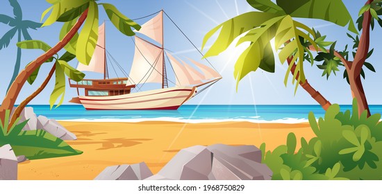 Tropical beach landscape with sailing ship, palm trees, stones, sea or ocean, bushes and rocks. Place for rest. Cartoon vector illustration.