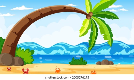 Tropical beach landscape scene with a big coconut tree illustration