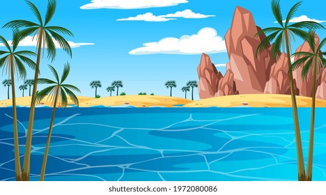 Tropical beach landscape scene at day time illustration