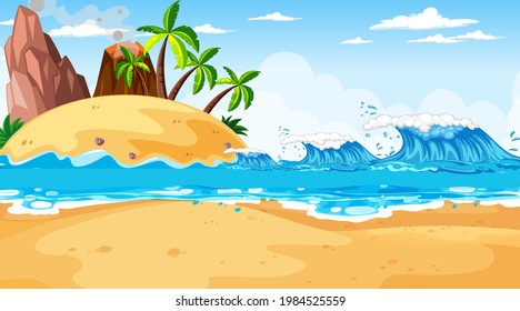 Tropical beach landscape scene at day time illustration