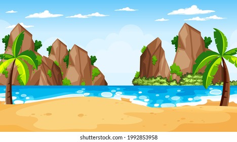 Tropical beach landscape scene at day time illustration