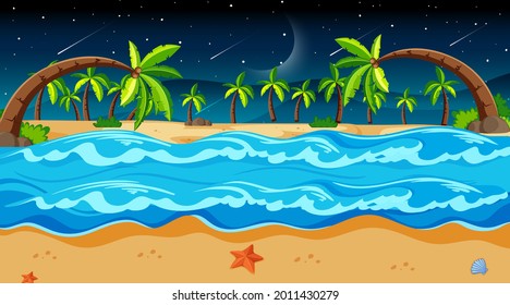 Tropical beach landscape scene with many palm trees at night illustration