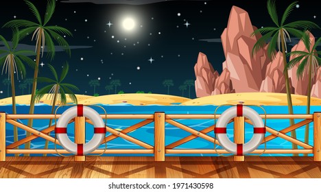 Tropical beach landscape scene at night illustration