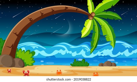 Tropical beach landscape scene at night with a big coconut tree  illustration