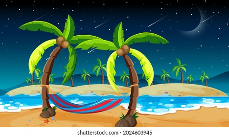 Tropical beach landscape scene at night time illustration