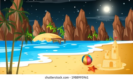 Tropical beach landscape scene with sand castle at night illustration