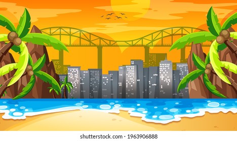 Tropical beach landscape scene at sunset time with cityscape background illustration