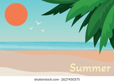 Tropical beach landscape with sea, sand, palm leaves, orange sun and birds under clear summer sky