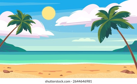 Tropical beach landscape. Sunny day with clear blue sky, clouds, and a bright sun. Palm trees frame the scene. Can be used as a background for summer, vacation, or travel themes. Vector illustration