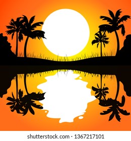 Tropical beach landscape sunset colorful poster vector illustration