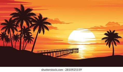Tropical beach landscape at sunset with palm trees and a pier stretching toward the horizon over calm ocean water.