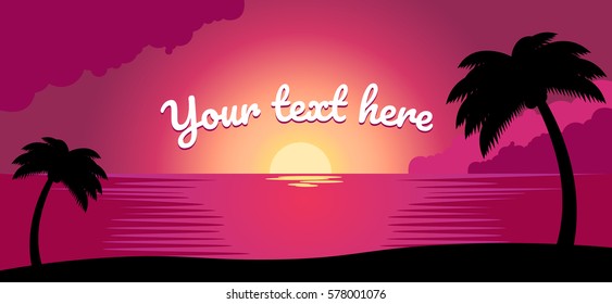Tropical beach landscape at sunset. Vector illustration