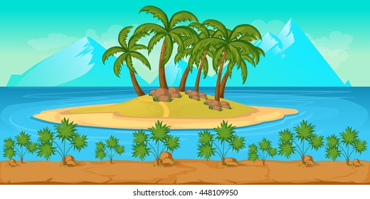 Tropical Beach Landscape For UI Game Illustration of a cartoon summer ocean background