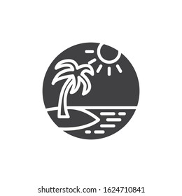 Tropical beach landscape vector icon. filled flat sign for mobile concept and web design. Island palm tree with sea and sun glyph icon. Symbol, logo illustration. Vector graphics