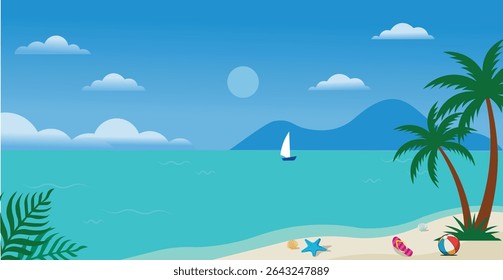 Tropical beach landscape vector illustration with palm trees, Sea and sailboat.