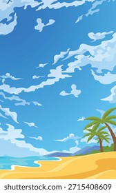 Ilustración vectorial tropical del paisaje de la playa con las palmeras y el fondo arenoso de las nubes del cielo azul