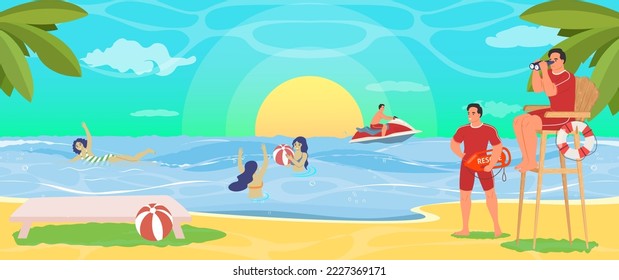 Tropical beach lifeguard at work flat vector. Tropical resort with people resting swimming in sea or ocean and lifesaver rescue team cartoon illustration. Tropical landscape, travel and vacation