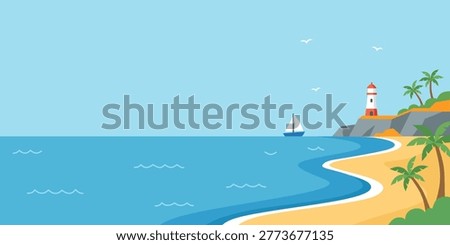 Tropical beach with lighthouse and sailboat on sea water. Summer travel landscape with palm tree and ocean shore. Flat vector illustration for vacation concept and holiday background.