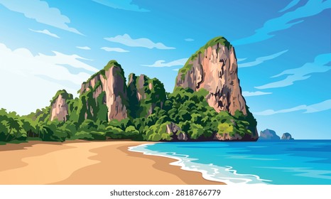 Tropical Beach with Limestone Cliff, Golden Sand and Turquoise Sea in Thailand — Vector Landscape Illustration
