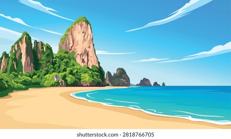 Tropical Beach with Limestone Cliffs, Golden Sand and Turquoise Sea — Cartoon Vector Landscape Illustration Background