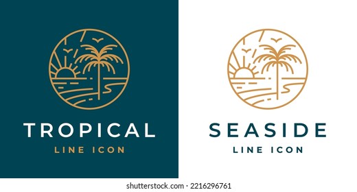 Tropical beach line icon. Palm tree paradise logo. Seaside travel emblem. Summer vacation symbol. Beach resort sunset sign. Vector illustration.