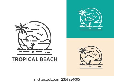 Tropical beach logo with circular palm trees line art emblem design for tourism holiday and hotel