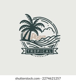 Plantilla de diseño de logotipo de playa tropical. Ilustración vectorial. Señal de tipografía de época. Estilo del logotipo de la monolina de época