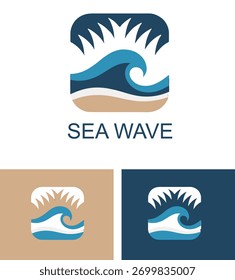 Logotipo de playa tropical con palmera y la línea de la onda de arte de viaje de verano insignia