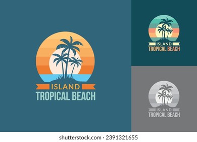 Tropical beach logo at sunset with two palm trees near the coastline of a tropical island