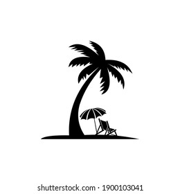 tropical beach, lounge chair. Deck chair and beach umbrella on the sand coast. Flat Design Style.