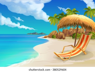 Tropical beach, lounge chair, vector background