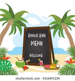 Tropical beach and menu board with text. Cartoon palm trees,coconut and cocktails.Summertime background.Flat vector illustration