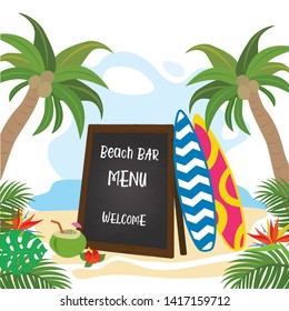 Tropical beach and menu board with text. Cartoon palm trees,coconut and surfboards. Summertime background. Flat vector illustration