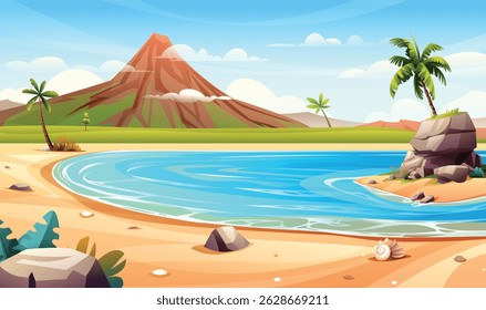 Tropical beach with a mountain, palm trees, and blue sea under a bright sky. Vector cartoon illustration