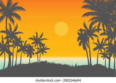 tropical beach natural scenery vector, ocean and palm trees sunset background