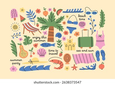 Tropical, beach, nautical, marine, sea, ocean illustration set. Summer vacation stickers collection for daily planner, scrapbooking, cards. Simple hand drawn style.
