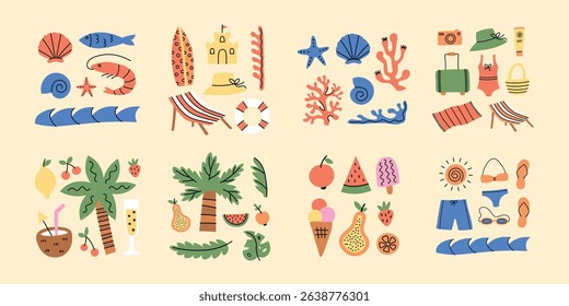 Tropical, beach, nautical, marine, sea, ocean compositions set. Simple hand drawn style summer vacation vector collection.
