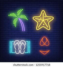 Tropical beach neon sign set. Palm, starfish, flip flops, bikini on brick wall background. Vector illustration in neon style for topics like summer vacation, travel, resort