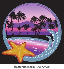 Tropical beach at night with palms, island, ocean and starfish. Easy to edit. Perfect for invitations or announcements.