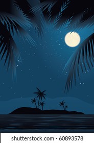 A tropical beach at night under starry sky, framed by palm trees.