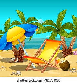 Tropical beach at noon. Lounger under an umbrella, a tropical drink inside the coconut. Sketch for the poster, invitations and other cards. Vector cartoon close-up illustration.