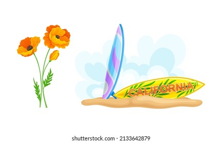 Tropical beach objects set. Red flower and surfboard vector illustration
