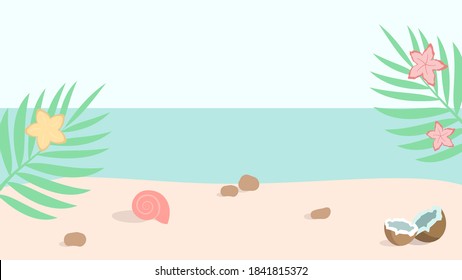 Tropical beach. Ocean coast with shell, palm leaf and stones. Vector illustration in pastel colors for social media, postcards, background. Format 16:9