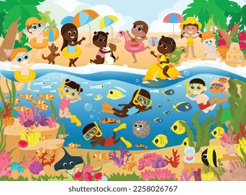 Tropical beach and ocean underwater world in cartoon style. Happy children and fish swim near the coral reefs and play on the shore near the palm trees. Illustration for printable children's puzzles.