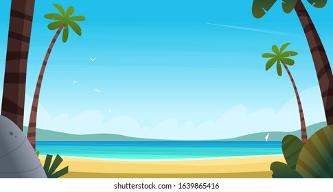 Tropical beach in the pacific ocean or calm blue sea. View of the blue sea with palm trees of the sandy shore.