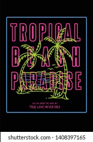 Tropical beach palm island with 80's retro wave illustration