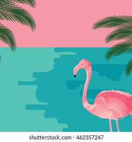 Tropical beach with palm leaves and flamingo vector illustration. Summer holiday vector.