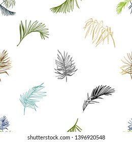 Tropical beach palm leaves seamless pattern. Exotic vector hand drawn contour sketch on white background.