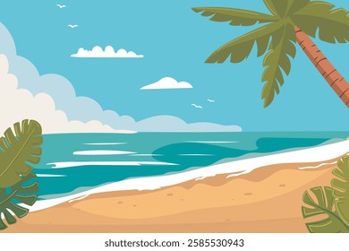tropical beach with palm tree. Tropical background.  vector illustration