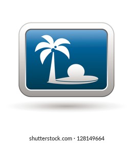 Tropical beach with palm tree icon on the blue with silver rectangular button. Vector illustration